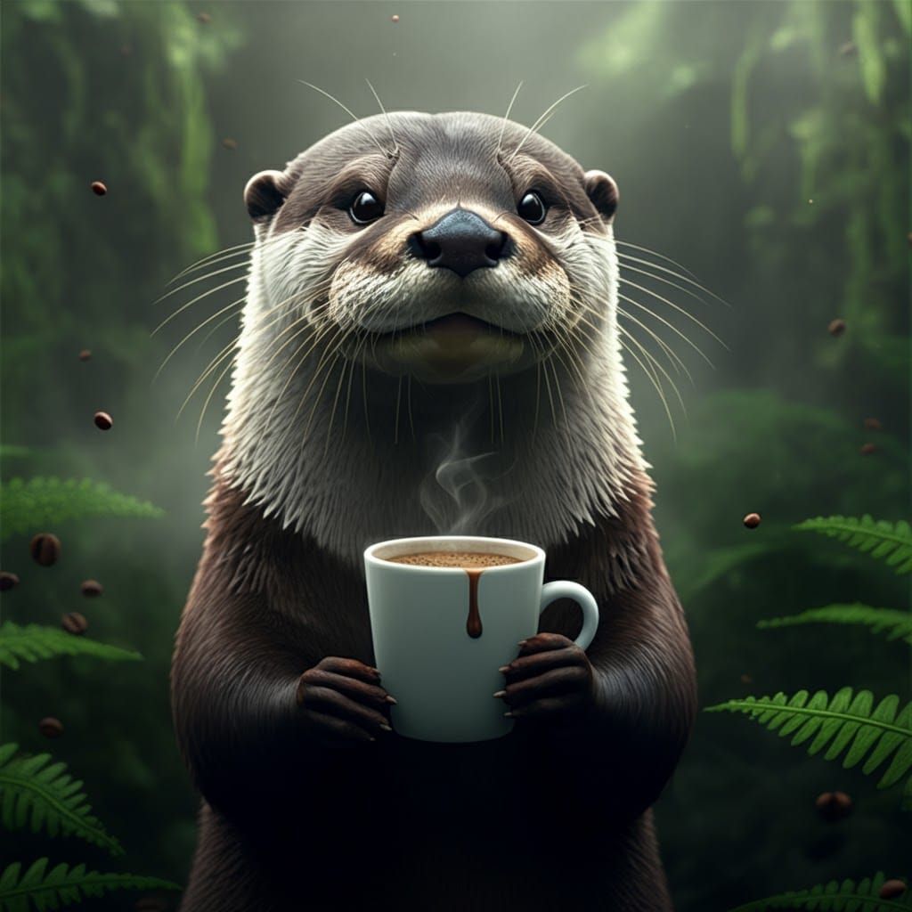 Otter Enjoys Coffee in Lush, Surreal Setting