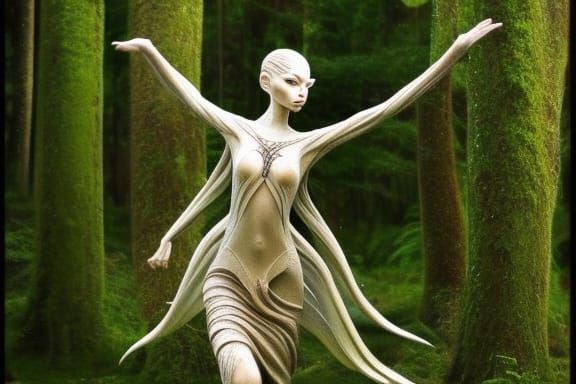 Ethereal Elven Woman Dancing in Forest, Fantasy Art
