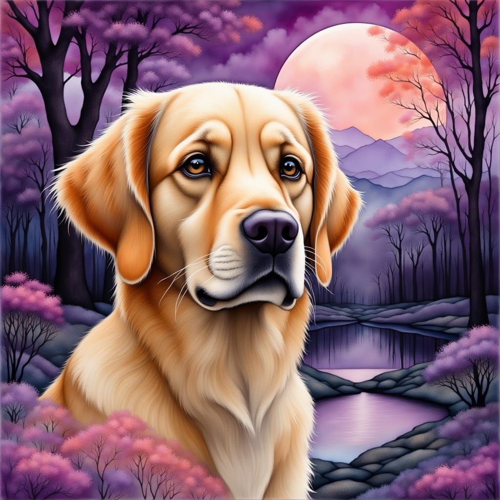 Golden Retriever Under Evening Mist with Blood Moon