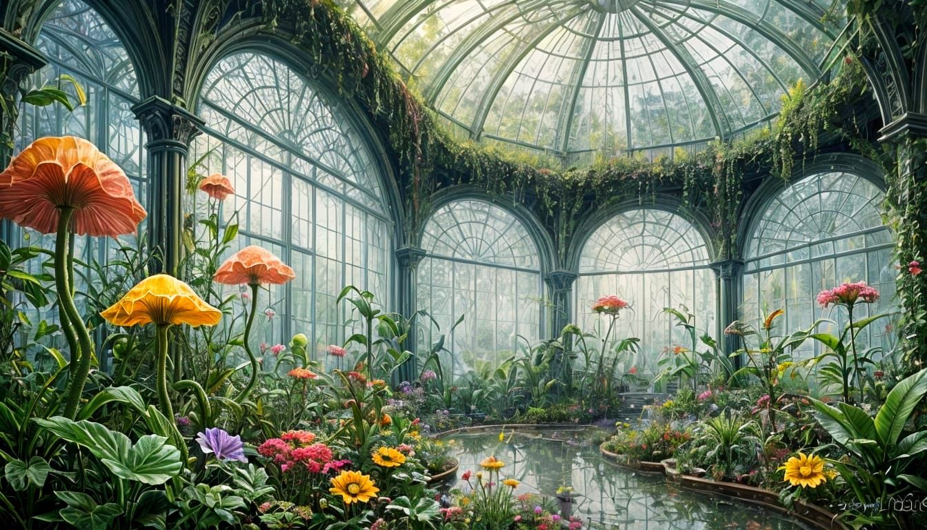 Surreal Greenhouse With Swirling Liquid Plants
