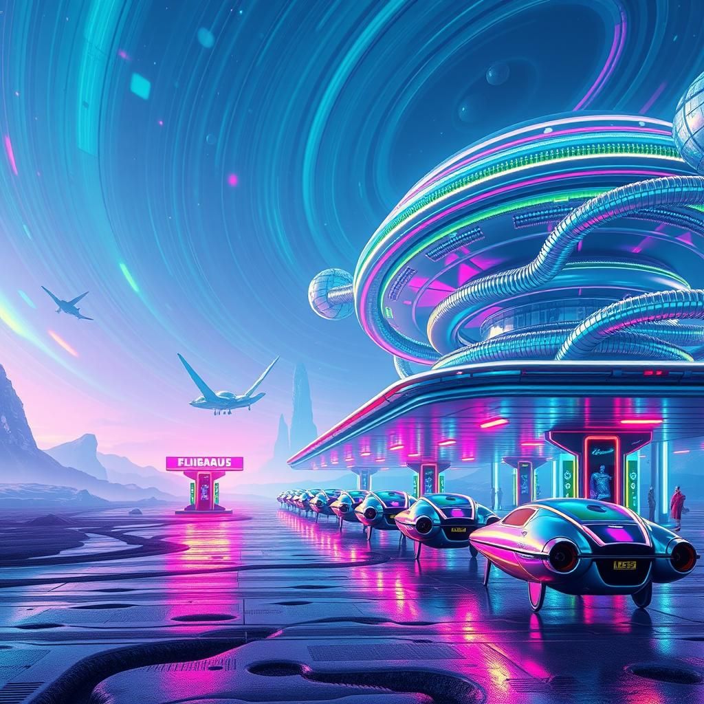 Iridescent Alien Gas Station in Retro-Futuristic Landscape