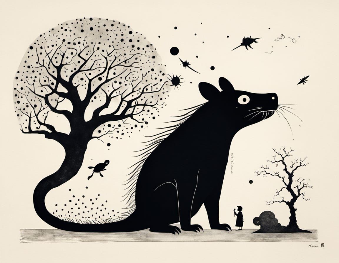 Lonely Monster in Sumi-e Style, Quirky Primitivism