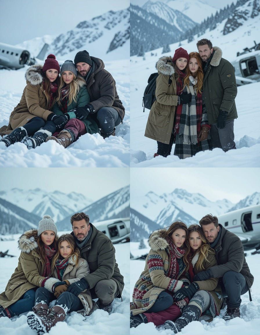 Stranded Family on Mountain with Plane Wreckage