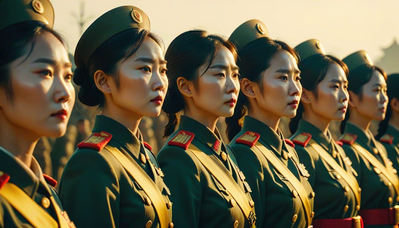 Epic Cinematic Portrait of Chinese Army Women in Warm Golden...