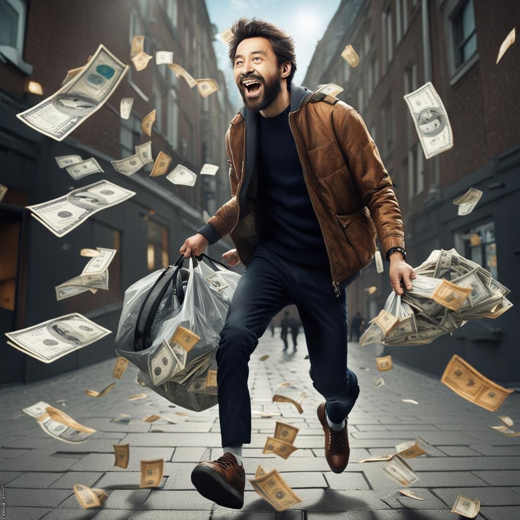 Joyful Man Catching Money: Detailed Matte Painting