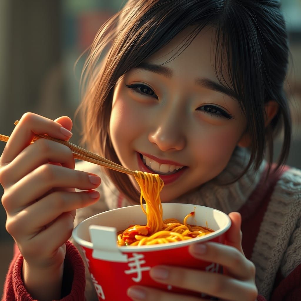 Funny Japanese Girl Eats Spicy Noodles
