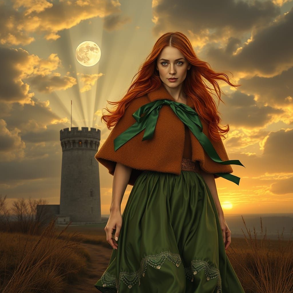 Sepia Image of Woman Walking to Tower at Dusk