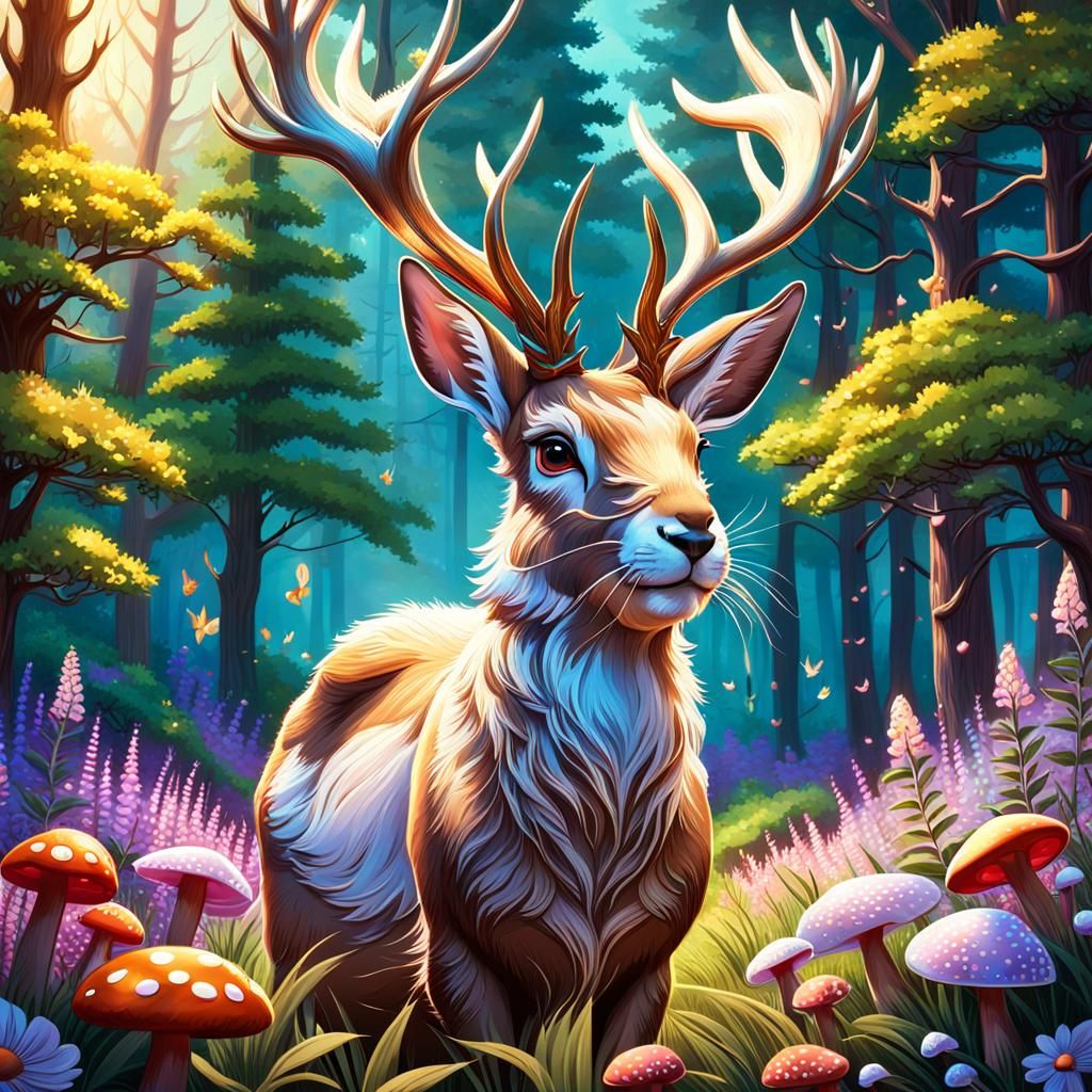 Jackalope Portrait in Forest Clearing, Cartoon Fantasy