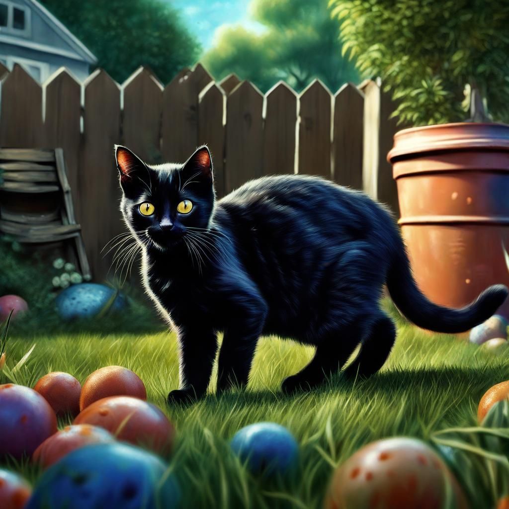 Hyperrealistic Black Cat Stalking Prey in Backyard