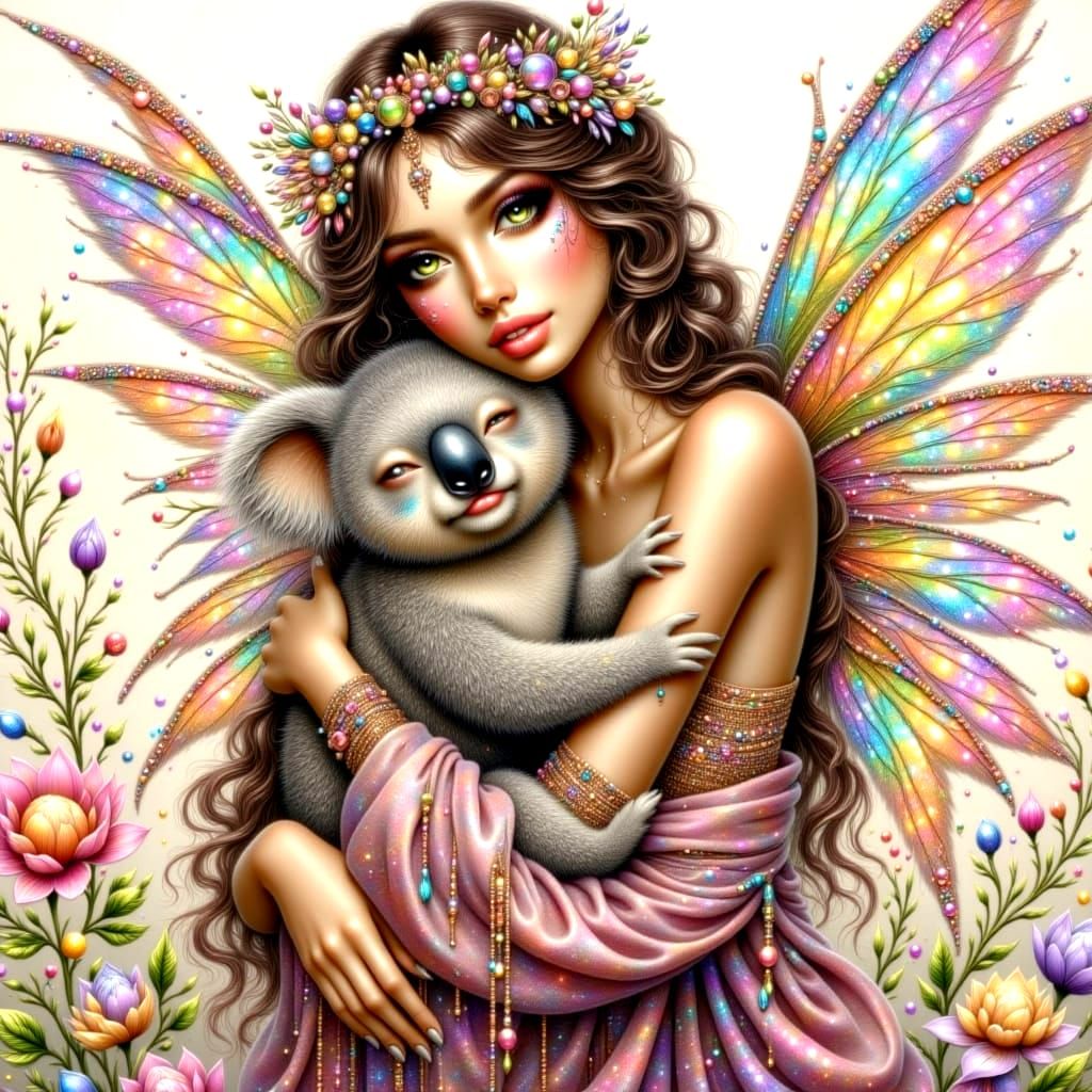Boho Fairy Cuddles a Koala in Iridescent Beauty