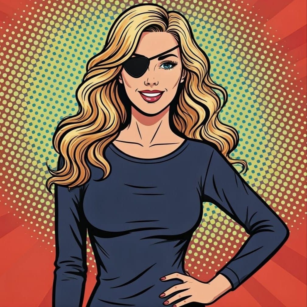 Pop Art Portrait of Blonde Woman with Eyepatch in Vibrant Ba...