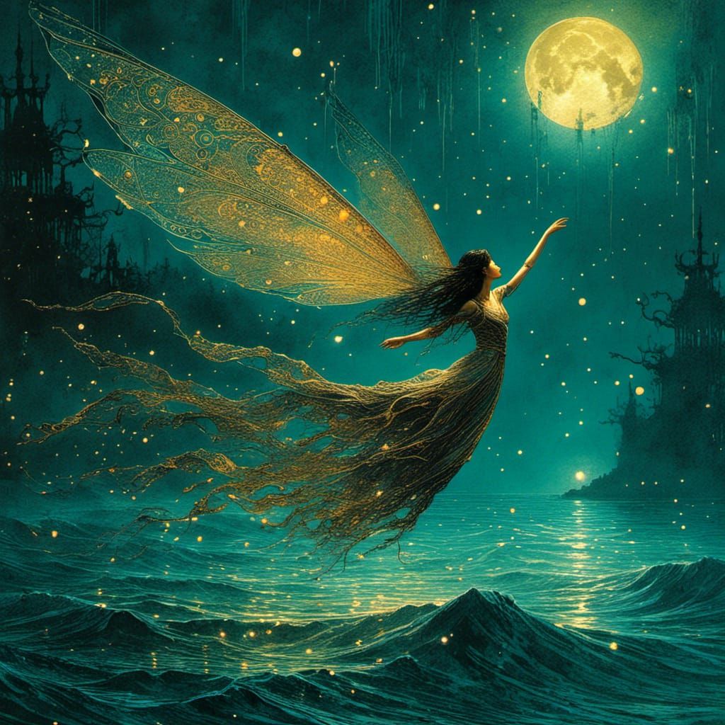 Fairy Over Moonlit Waters Watercolor Illustration