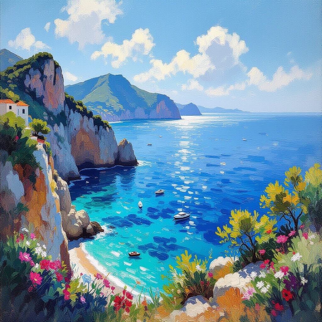 Impressionist Oil Painting of Capri Island Cliffs