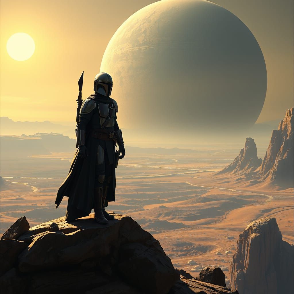 Mandalorian Standing on Rocky Outcropping with Distant Plane...