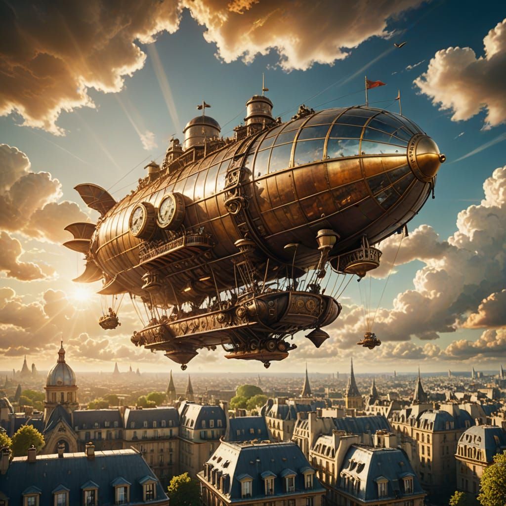 Steampunk Airship Soars Over Paris in Golden Light
