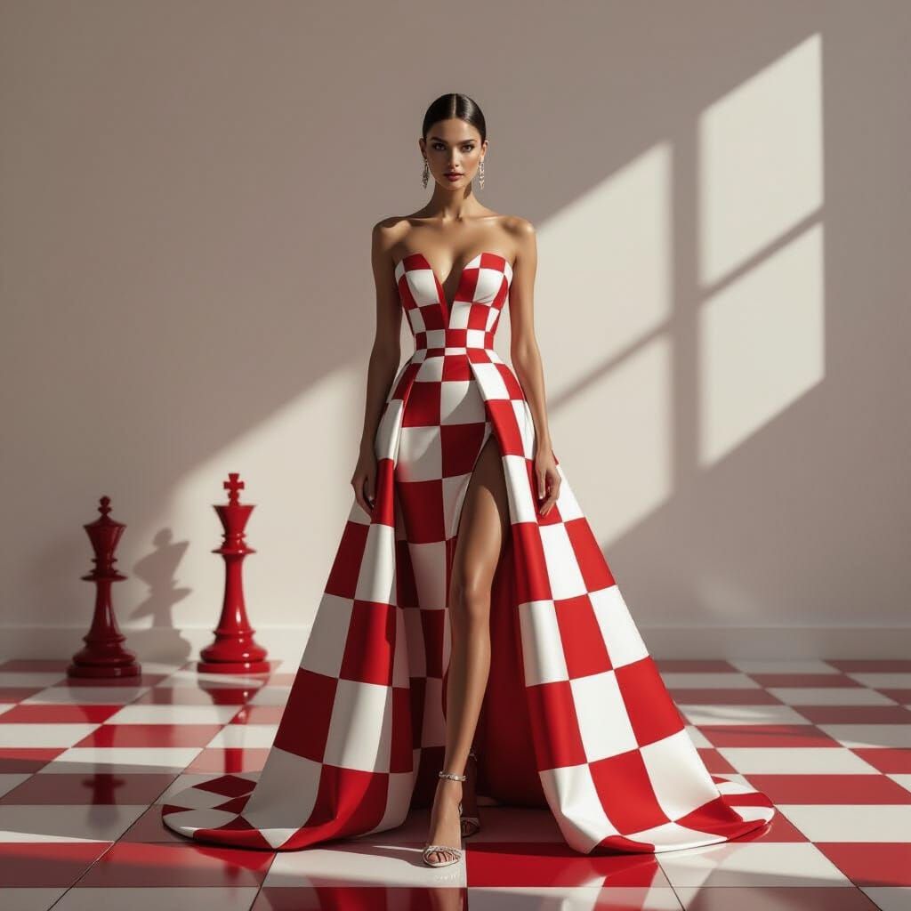 Stylish Woman Poses by Luxury Chessboard in High Fashion