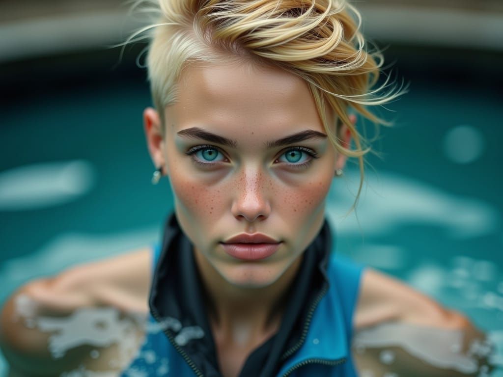 Female Runner with Iroquois Haircut in Pool Setting