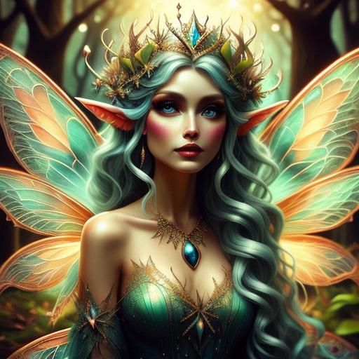 Fairy Queen in Enchanted Forest, Wearing a Natural Crown
