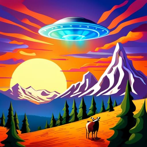 UFO Abduction of Cow at Sunset