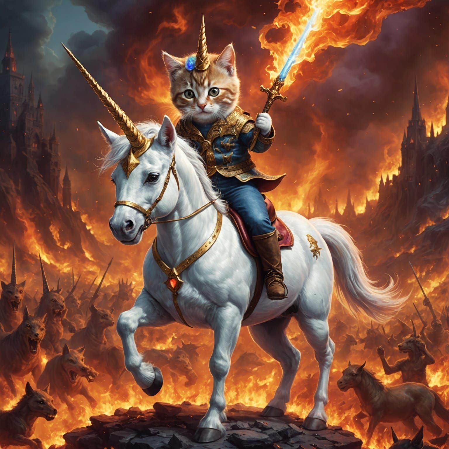 Kitten Rides a Unicorn Through Hell