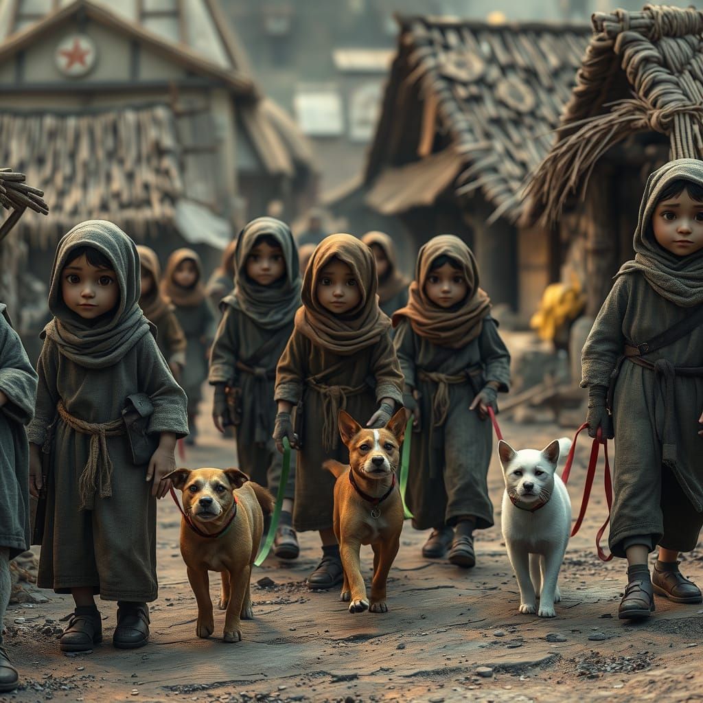 Despondent Villagers with Ecstatic Pets in Bleak Village