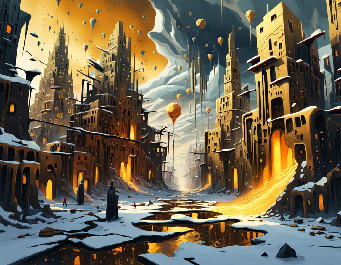 Surreal Melting Lost City in Dramatic Chiaroscuro Lighting