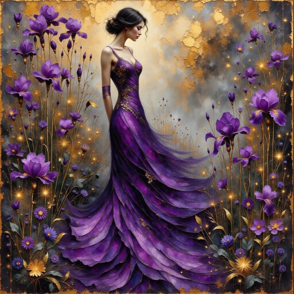 Woman in Iris Garden in Surreal Style