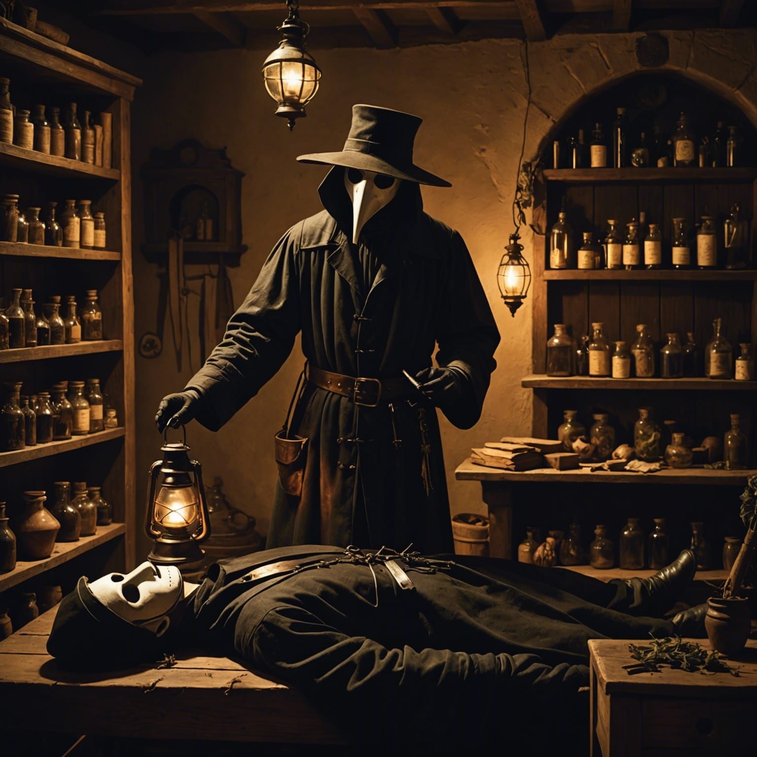 Medieval Apothecary Scene with Plague Doctor