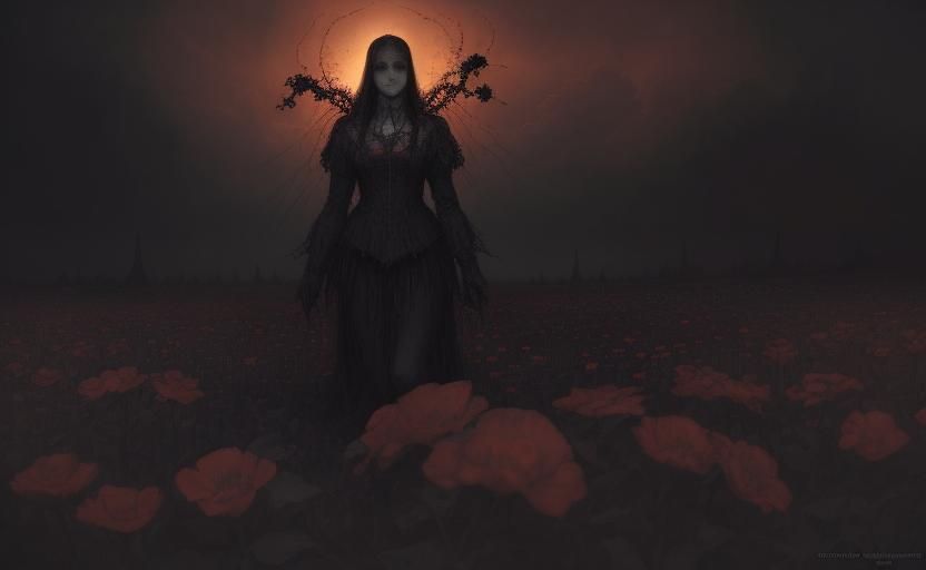Ominous Sunset Over Flower Field in Doré Style