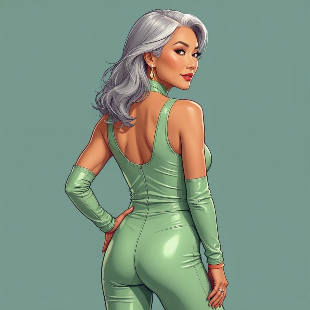 Confident Asian Woman, 70s, Athletic, Green Bodysuit, Lookin...