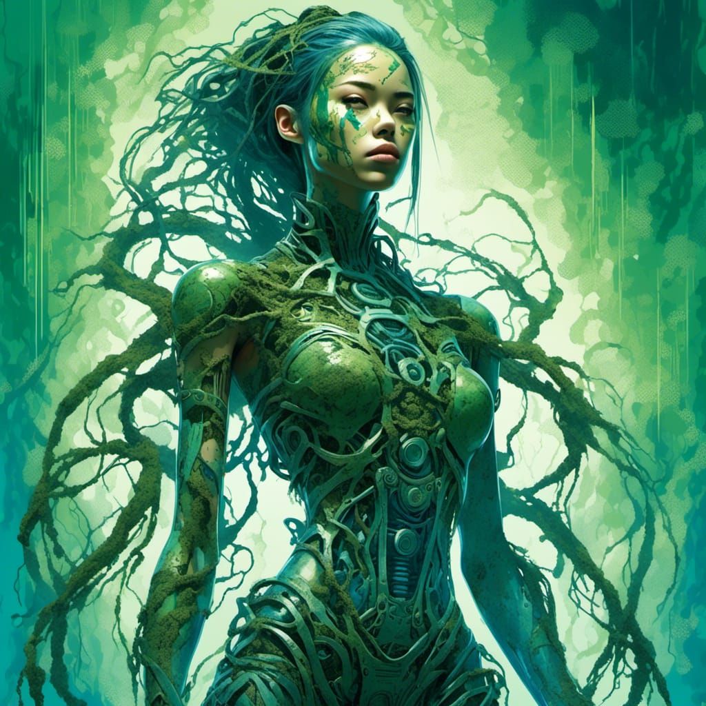 Corroded Cyborg Woman with Seaweed and Biohazard Tattoos