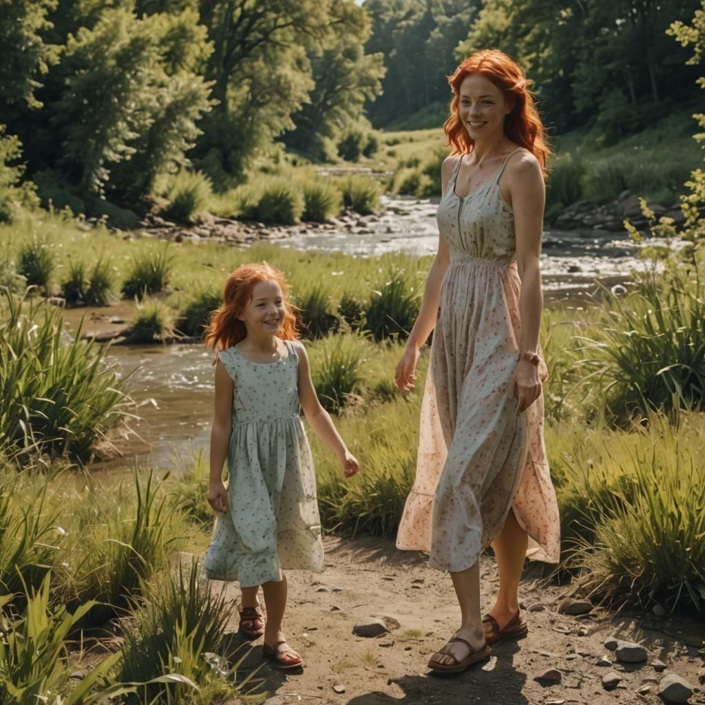 Mother and Daughter Stroll in Sunny Field