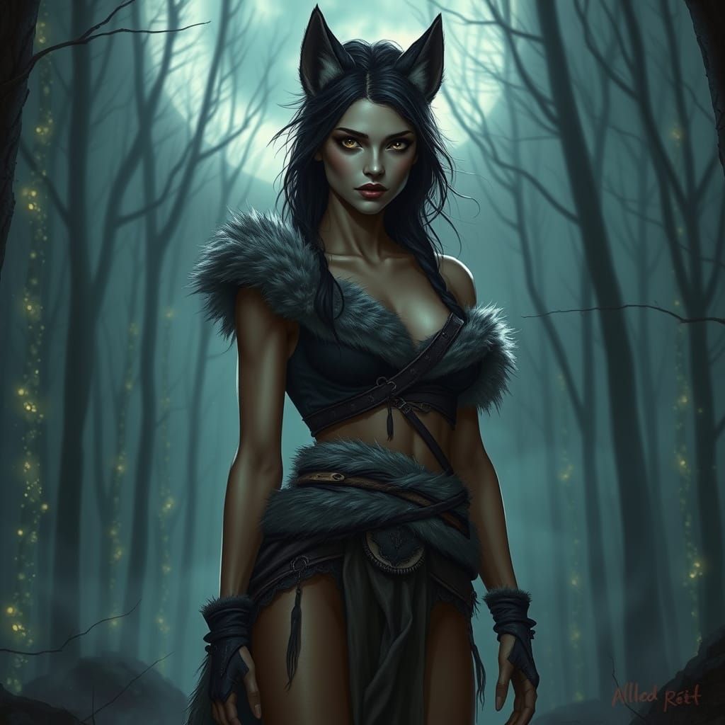 Woman-Beast in Bioluminescent Forest, Digital Painting