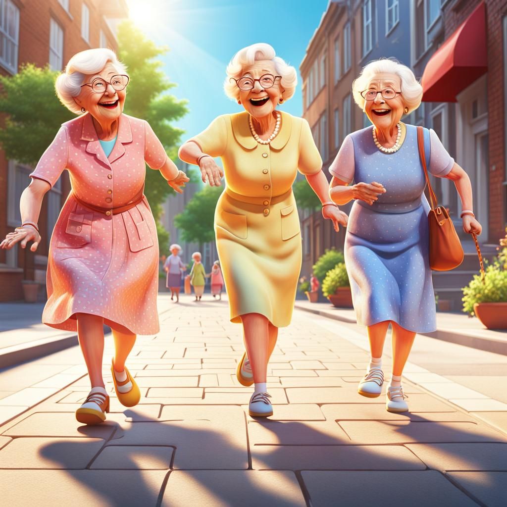 Pixar-Style Elderly Ladies Play Hopscotch
