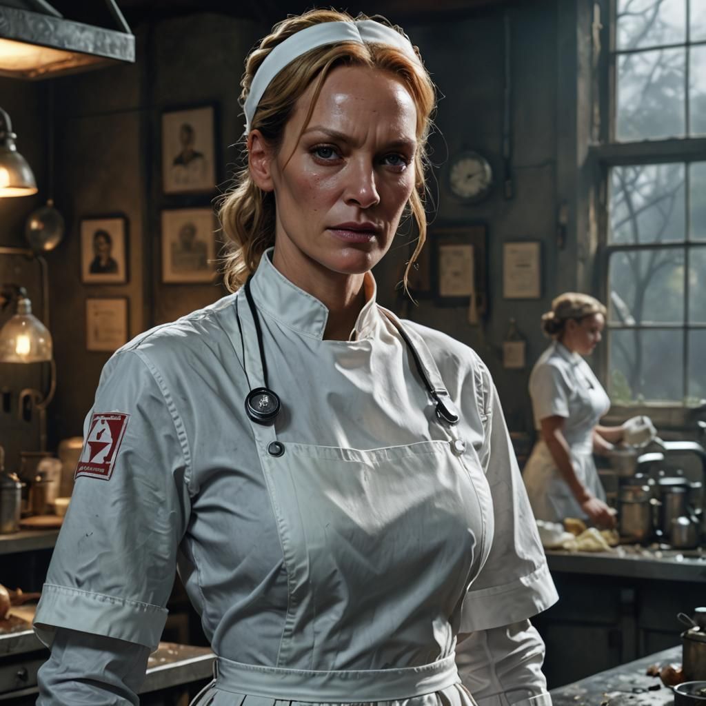 Stern Nurse in Rubber Uniform: Detailed Matte Painting