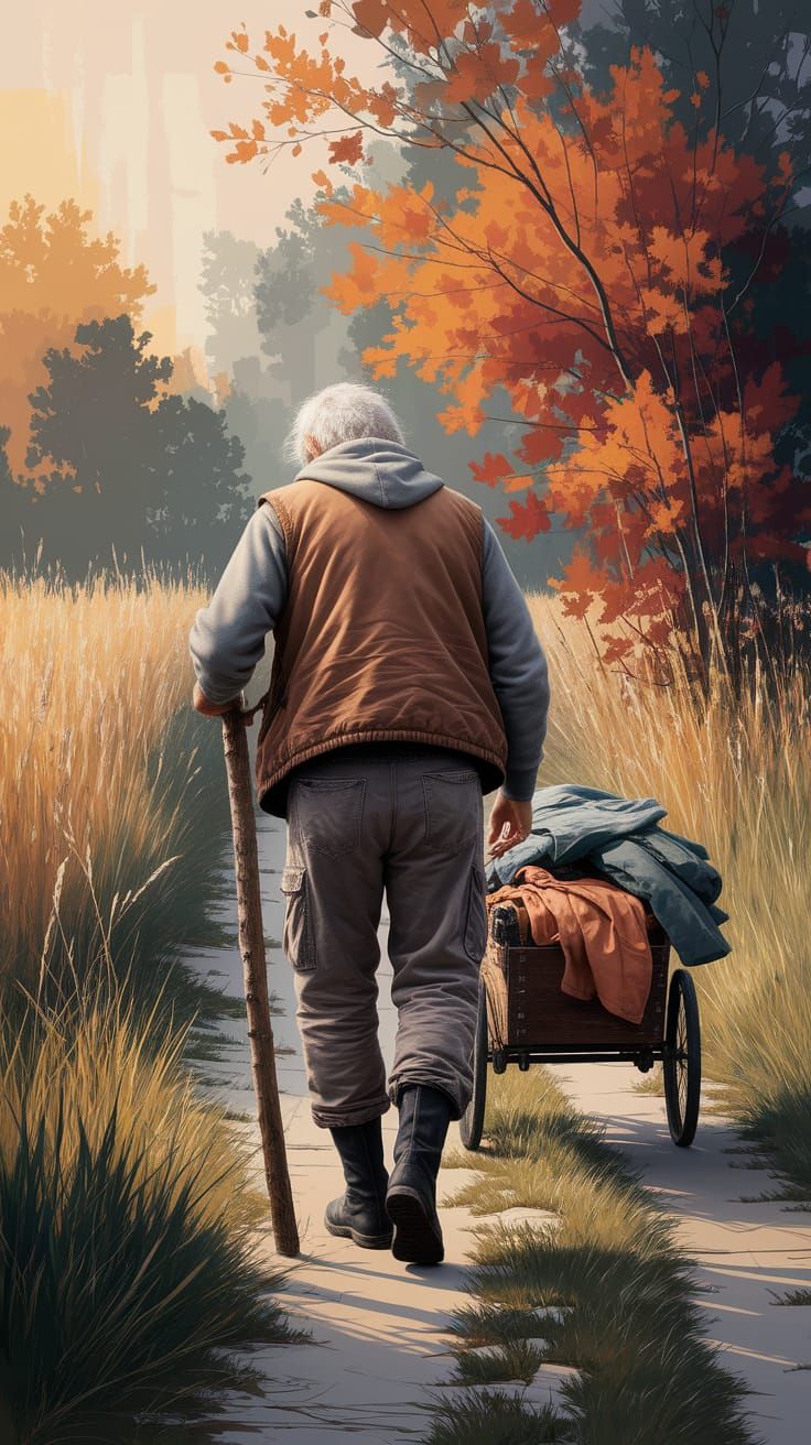 Elderly Figure on Autumn Path, Oil Sketch Style