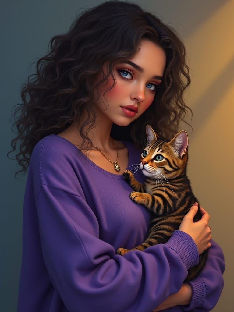 Plus-Size Woman in Violet Sweater with Cat in a Cozy Portrai...