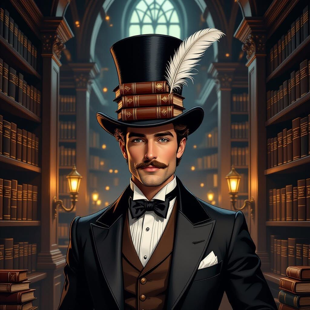 Dapper Gentleman with Book Hat in Vintage Library