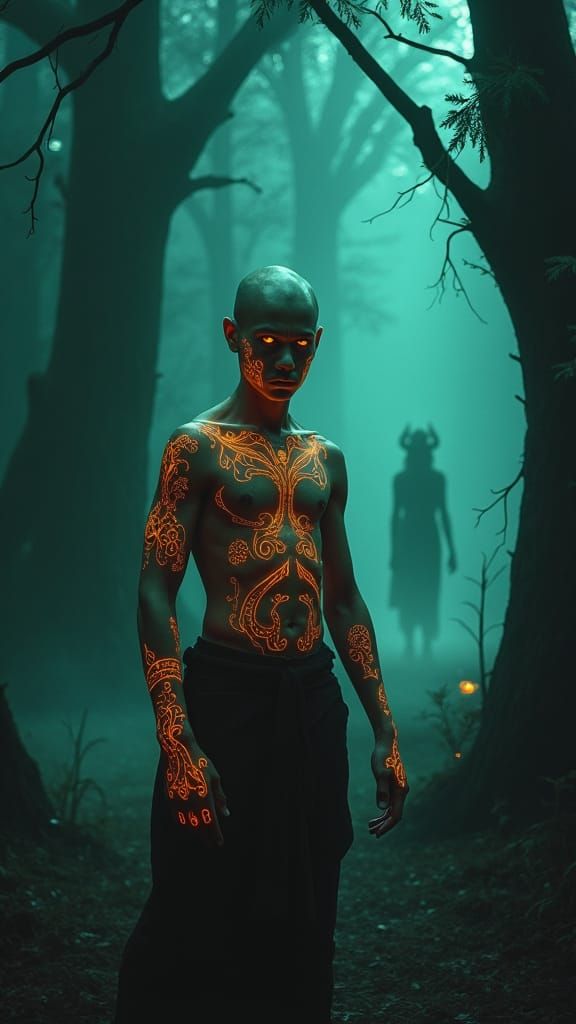 Fierce Boy with Glowing Tattoos in Dark Forest