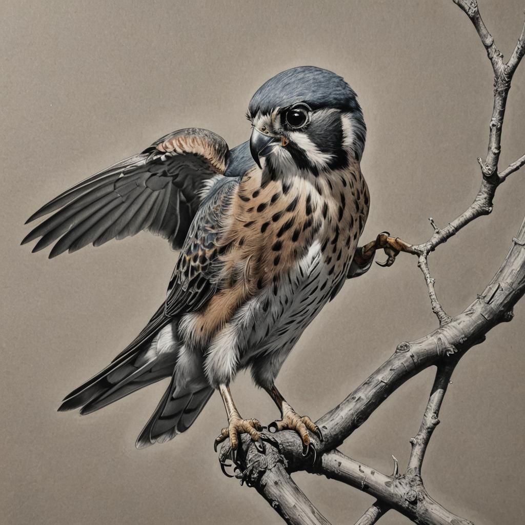 American Kestrel Captures Starling: Charcoal Drawing