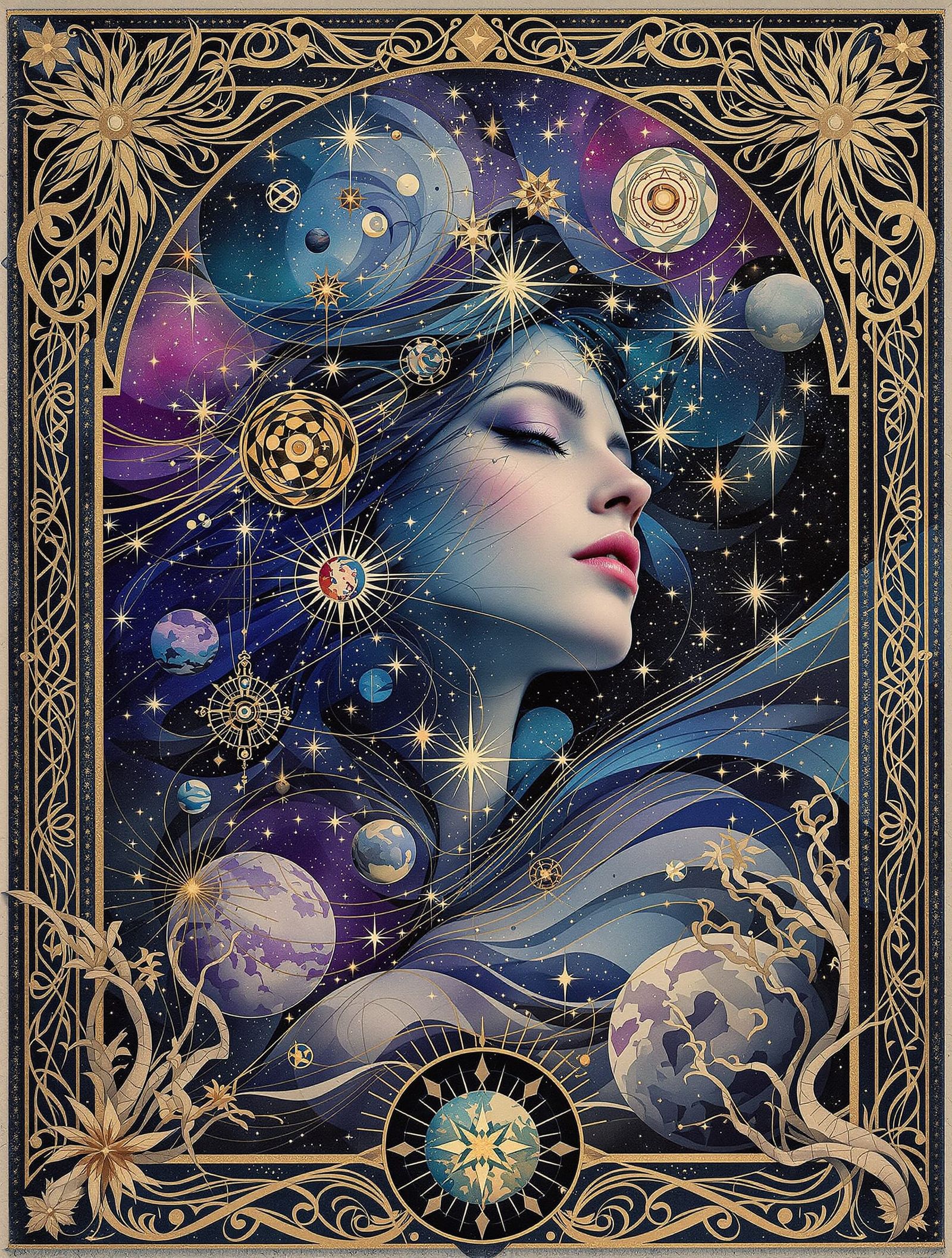 Cosmic Nouveau Portrait with Celestial Art Nouveau Elements