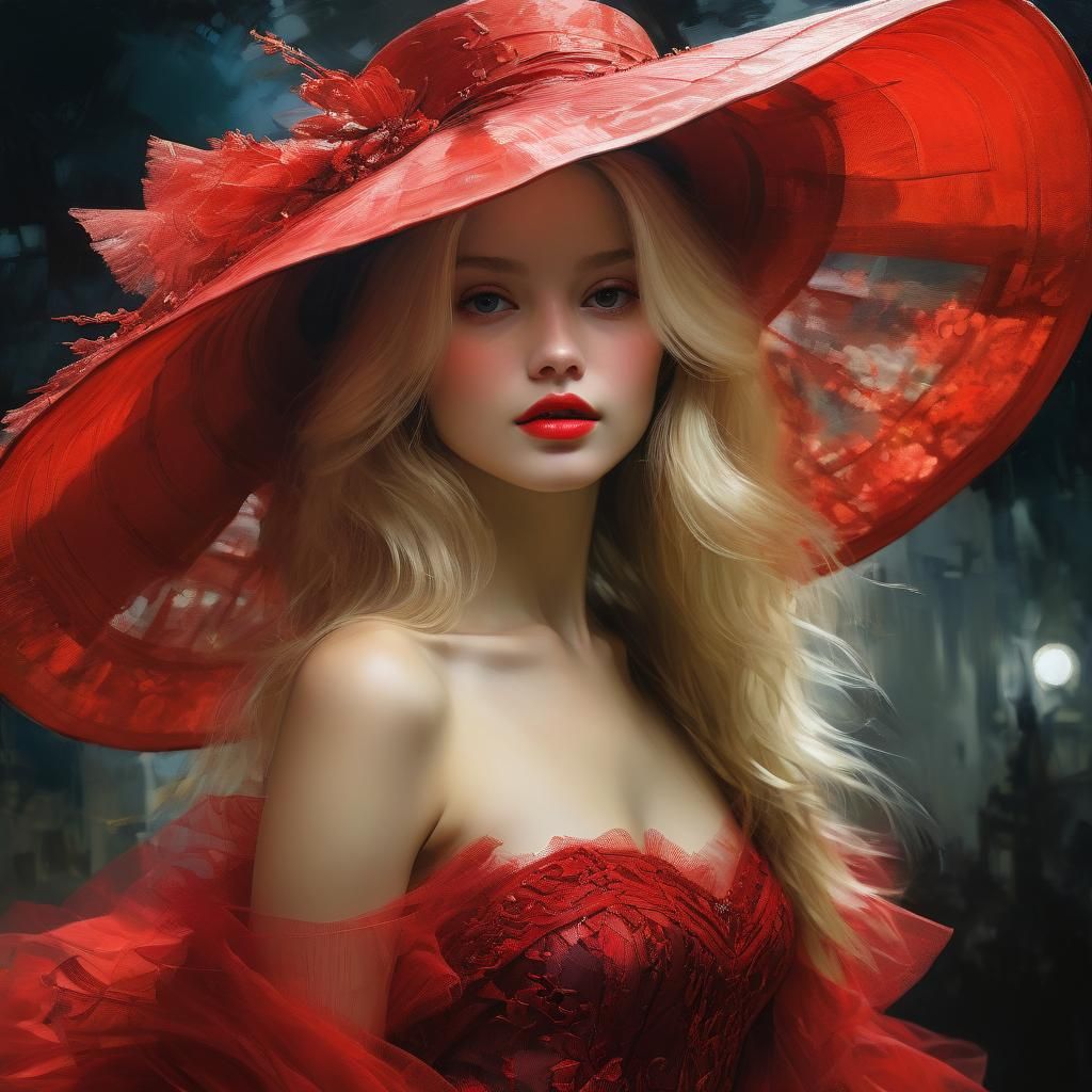 Blonde Woman in Red Tulle: Fine Art Portrait