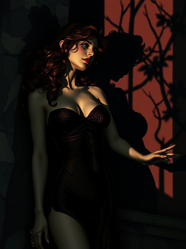 Mysterious Feminine Figure in Darkened Setting, Cyberpunk Di...