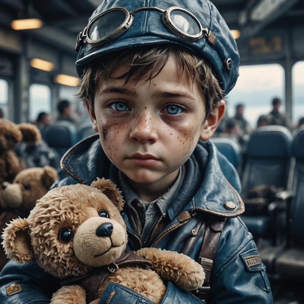 Sad Boy with Teddy Bear in Abandoned Airport