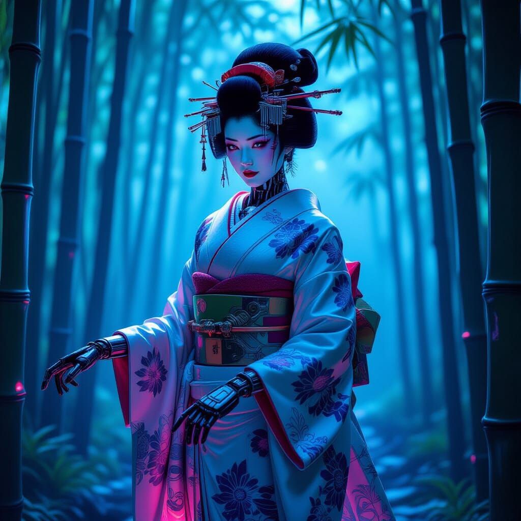 Bioluminescent Cyborg Geisha Dancing in Neon Bamboo Forest