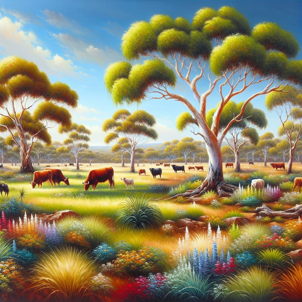 Australian Outback Landscape With Gum Trees And Cattle