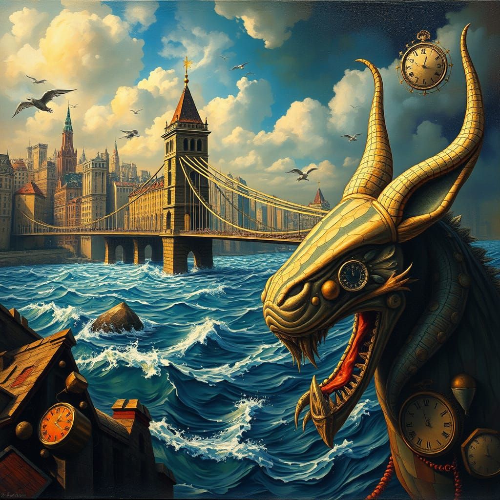 Surrealist Cityscape with Melting Buildings and Majestic Bri...