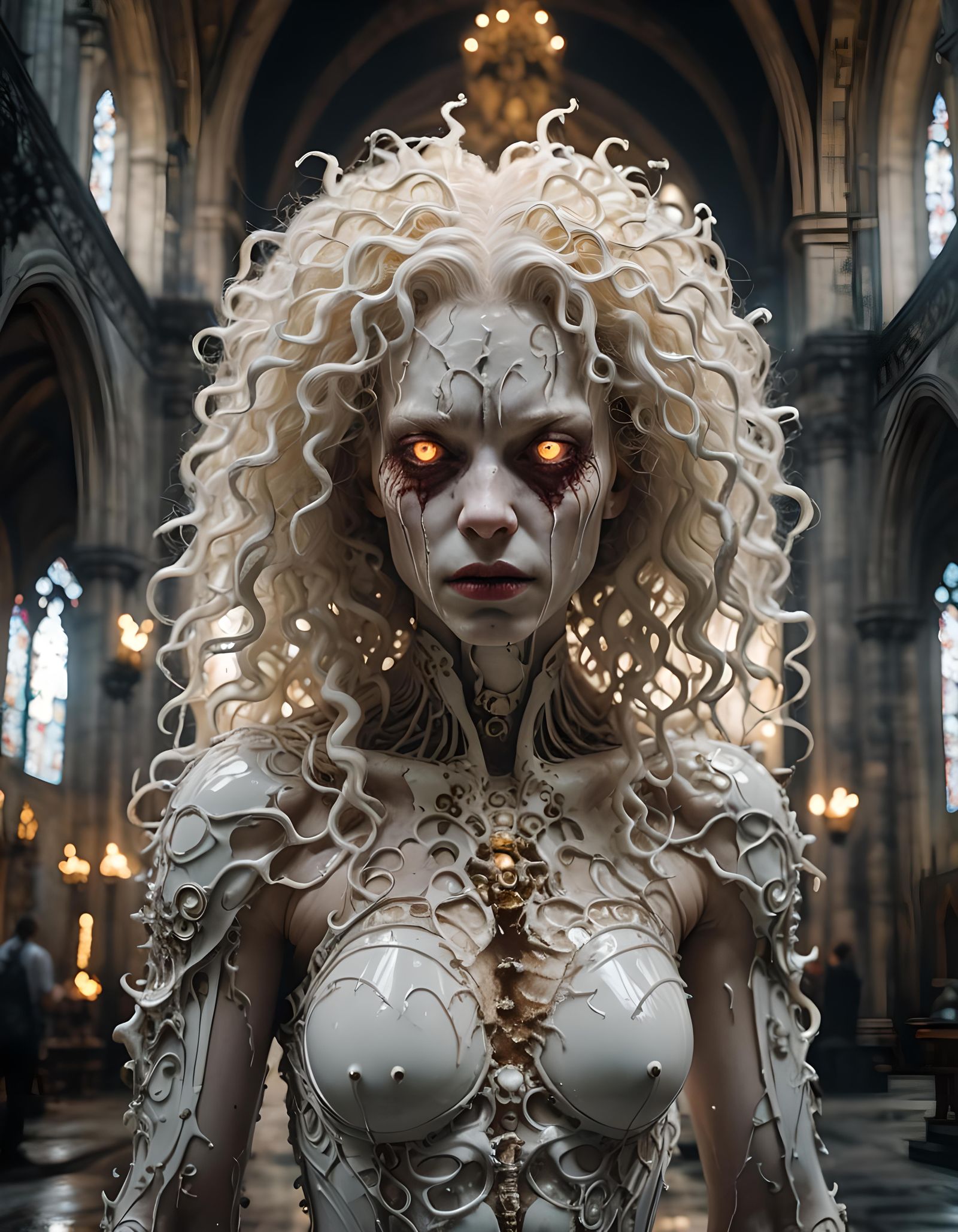 Cinematic Demon Albino Woman in Cathedral