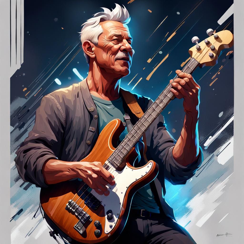 Detailed Portrait of Singer Playing Bass Guitar