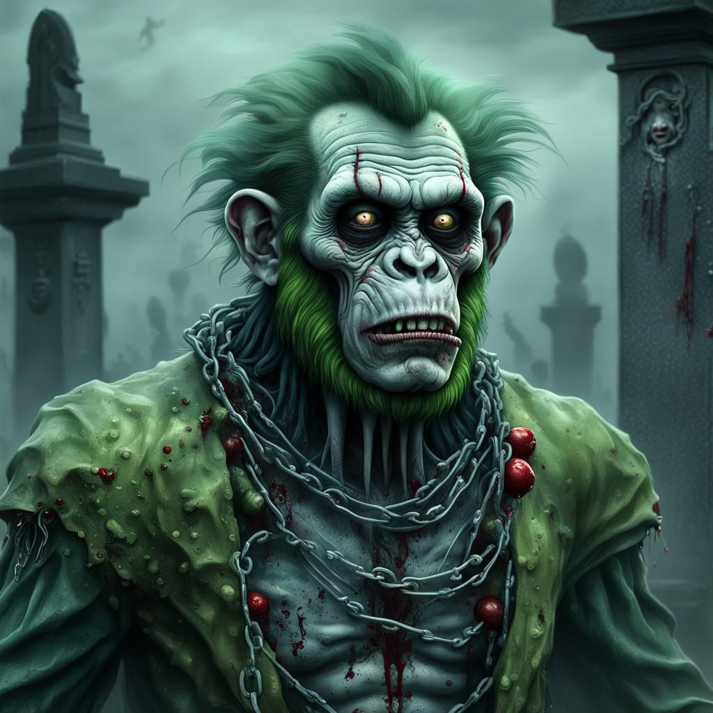 Zombie Monkey Monster Clown in Gloomy Cemetery